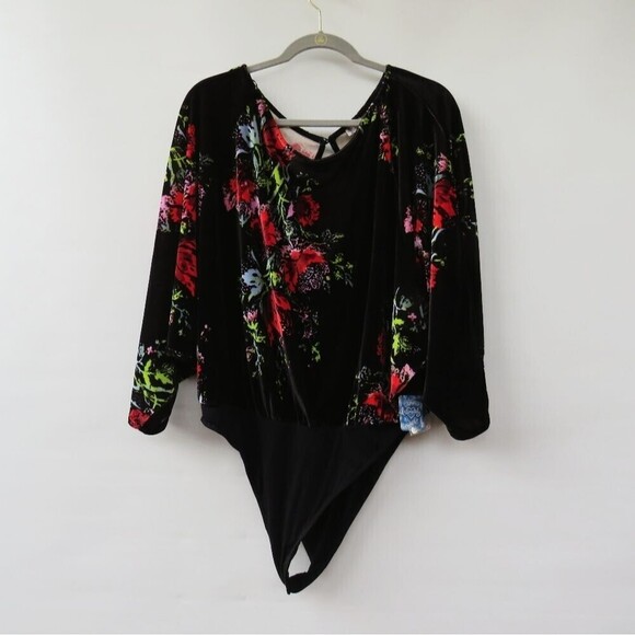 Free People Intimately Large Babe Slouchy Black Velvet Floral Blouson Bodysuit - Picture 15 of 15